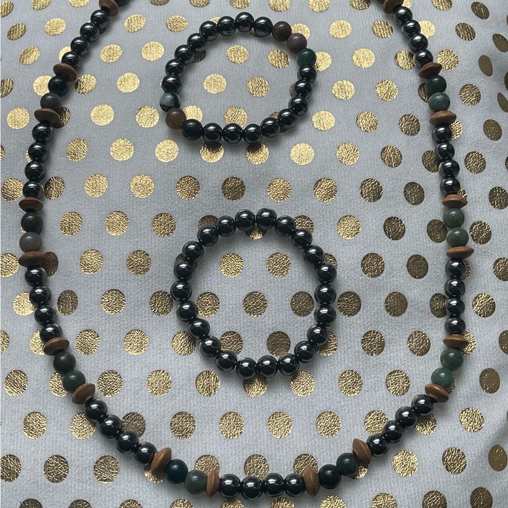 Men’s Grey Gunmetal Hematite, Green Aventurine, wood necklace and bracelet set.